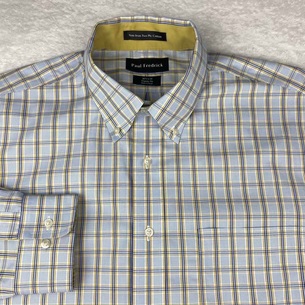 Paul‎ Fredrick Dress Shirt Mens 16.5-35 Blue/Gold Checks Classic Fit No Iron